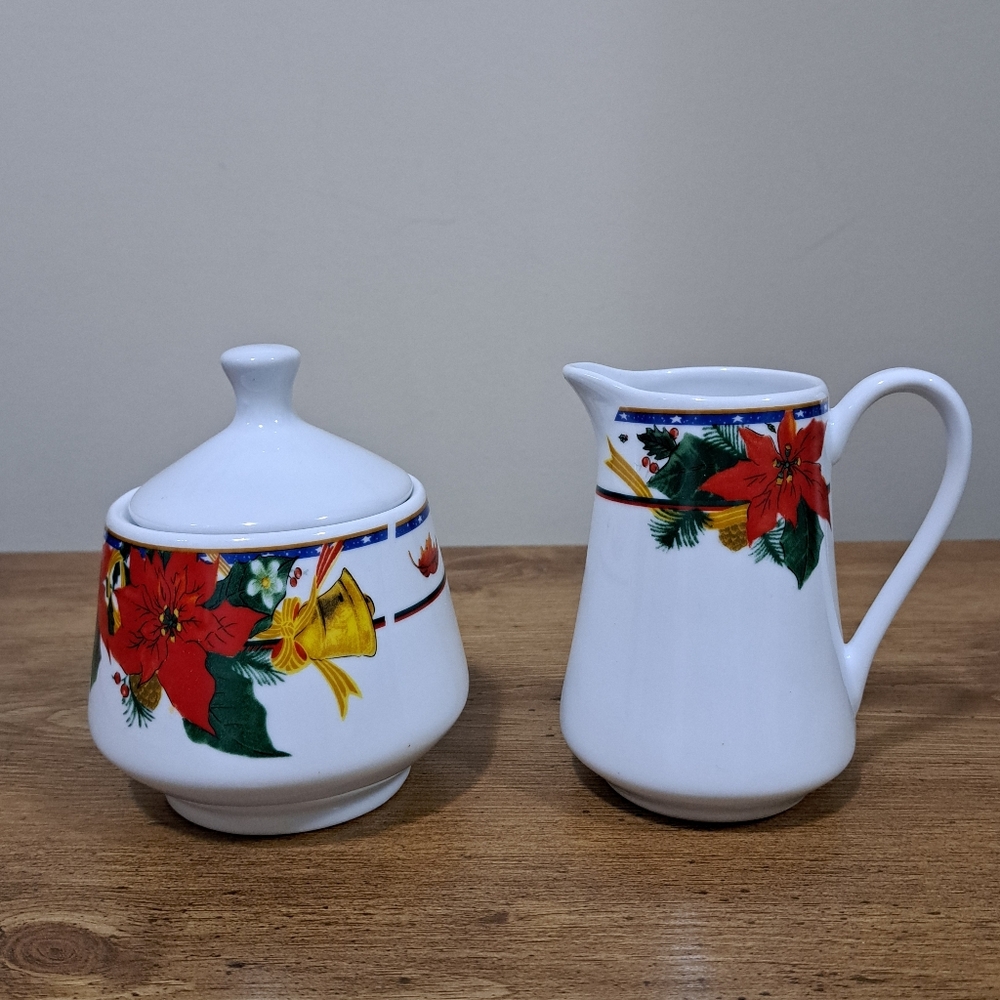 Royal Heritage Holiday Cheer Cream And Sugar Set 2 Piece Porcelain Christmas Set
